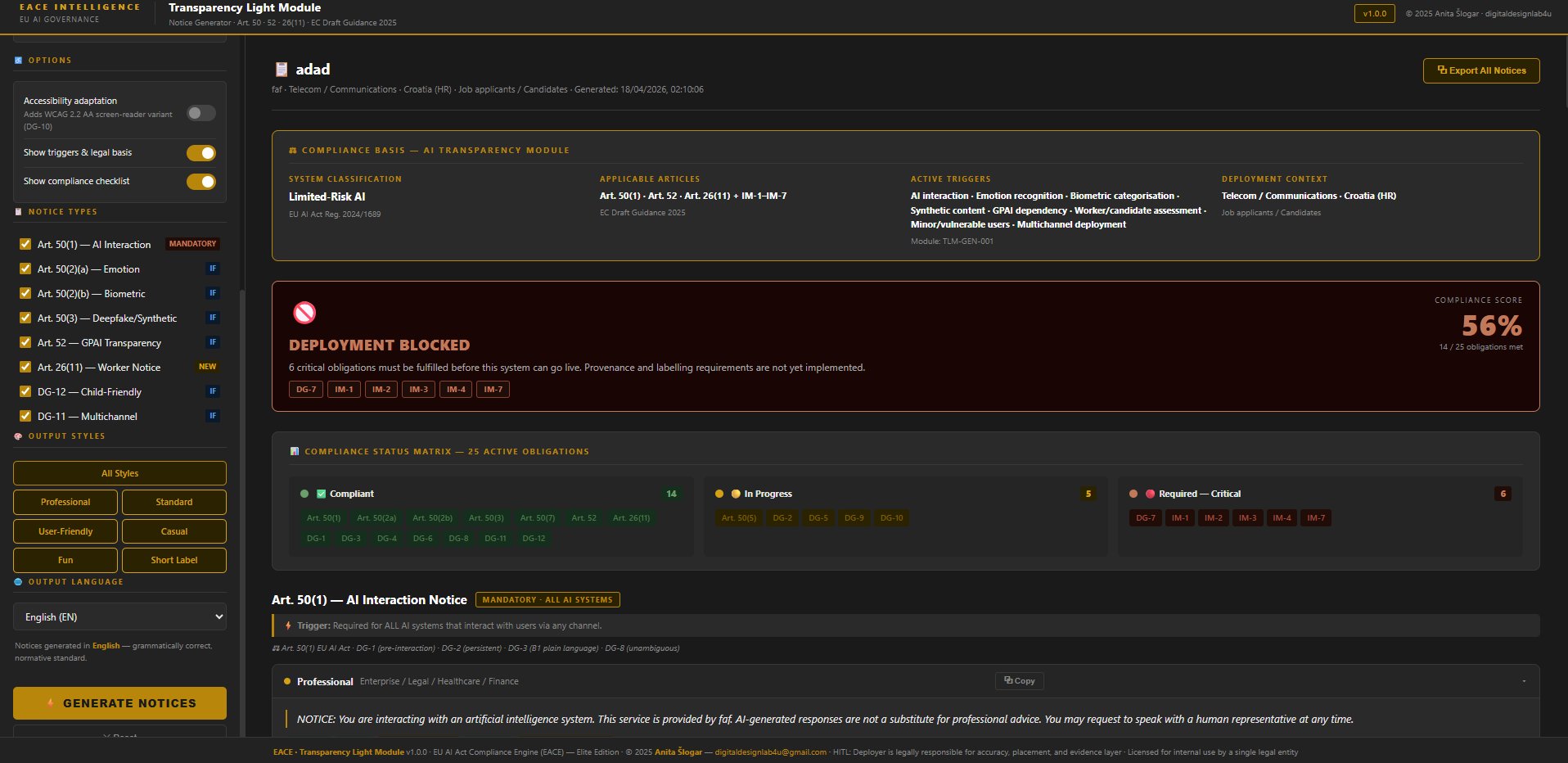 Transparency Light Module — compliance status matrix and deployment gate showing 25 active obligations